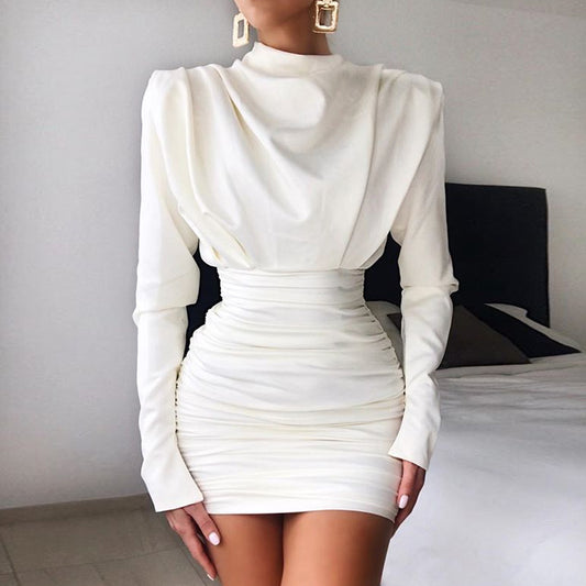 Long Sleeve Slim Dress Short Skirt - White