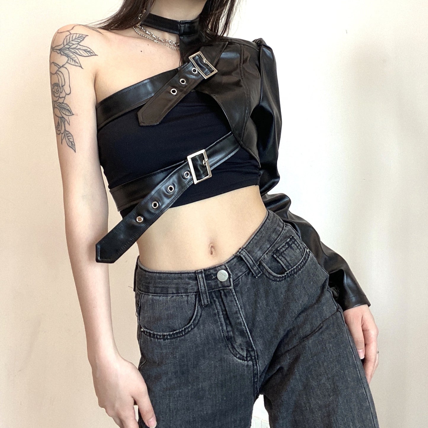 One Shoulder Leather Cover Top with Metal Buckles -