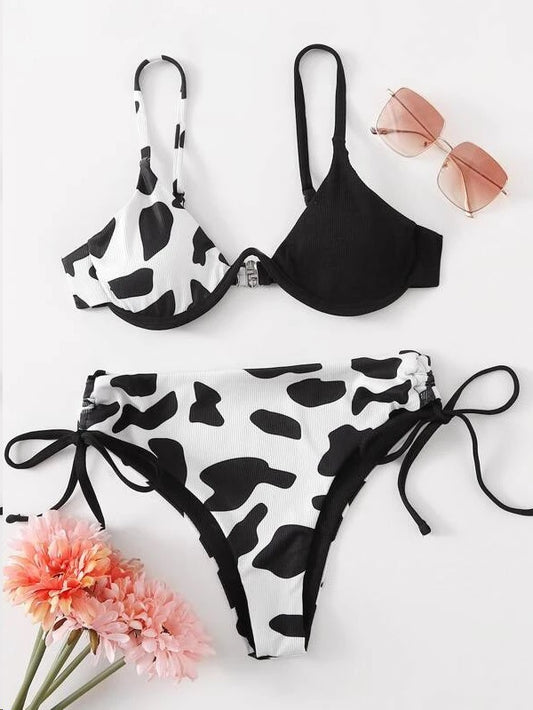 Ladies One Piece Underwire Cow Print Swimsuit - Black and white
