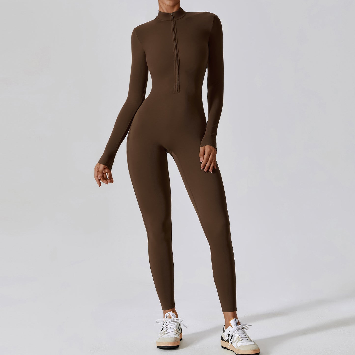 Long Sleeved Jumpsuit with Zipper - Jiao Tea Coffee Color