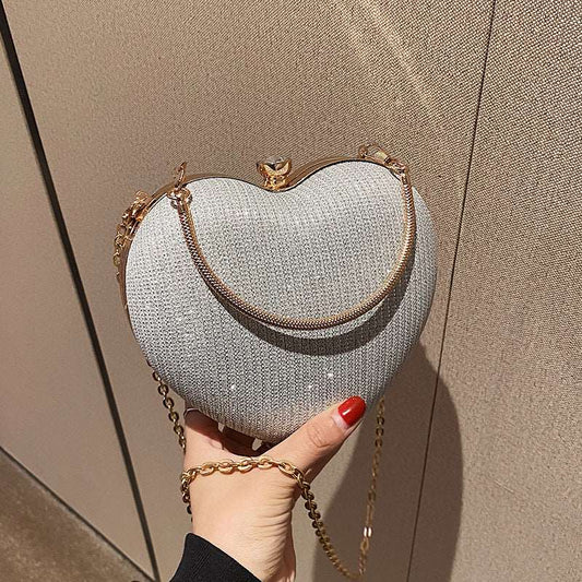 Cross Body Heart Handbag with Chain Strap - Silver