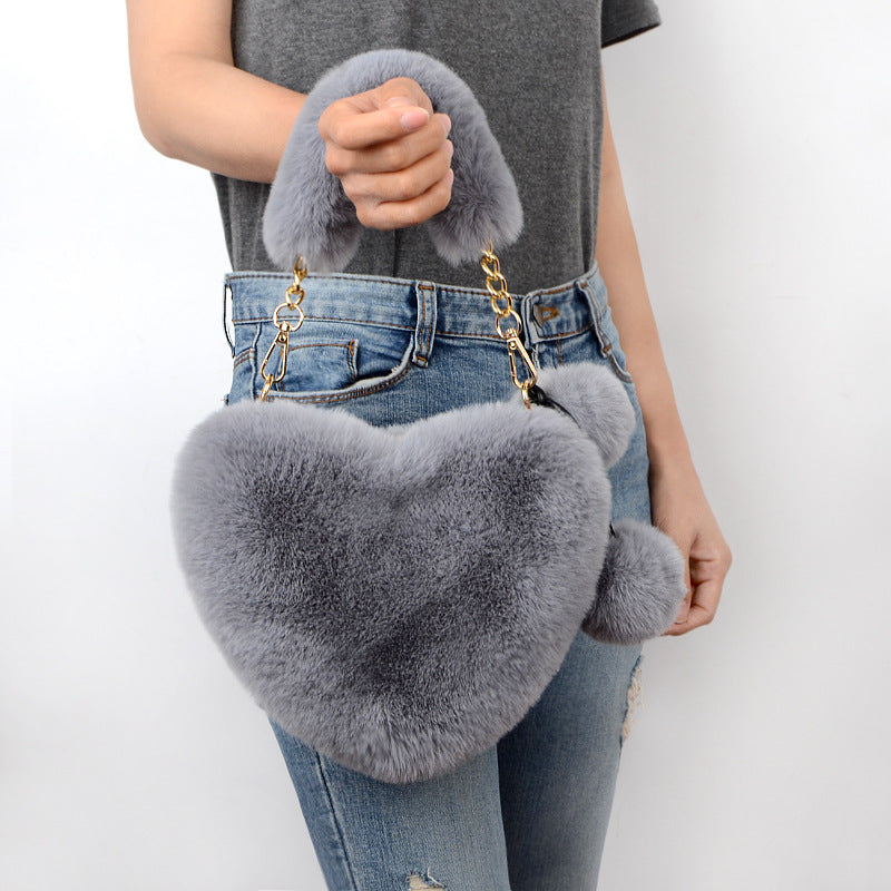 Soft Plush Heart Shaped Handbag with Two Fluffy Pom-Poms -