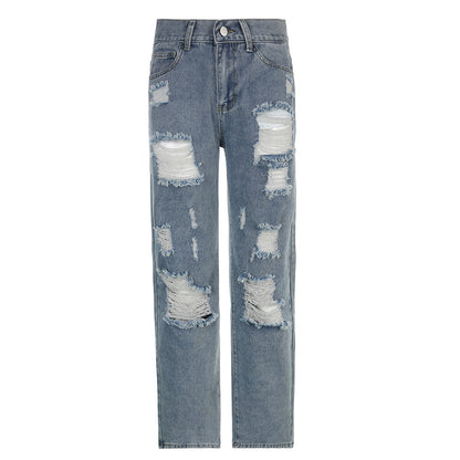Loose Ripped Washed Colored Jeans - Blue