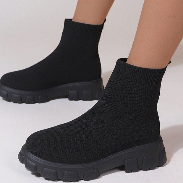 Chunky Low Heel Sock Boots - Black