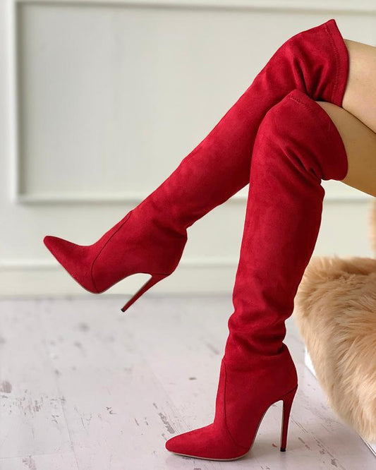Loose Pointed Toe High Heels with Faux Leather Velvet Texture - Red