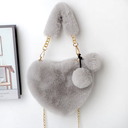 Soft Plush Heart Shaped Handbag with Two Fluffy Pom-Poms - Grey