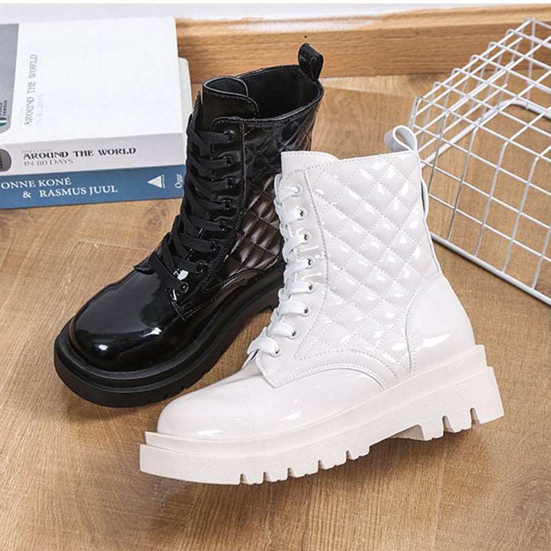 Glossy Textured Lace-Up Thick-Heeled Boots -