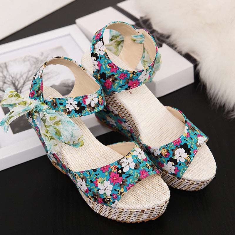 Floral Wedge Platform High Heels with Bow -