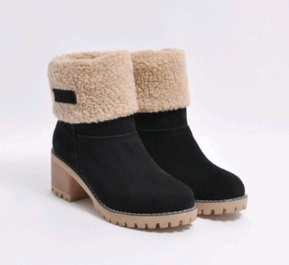 Mid-Tube Thick Heel Suede Snow Boots - Black