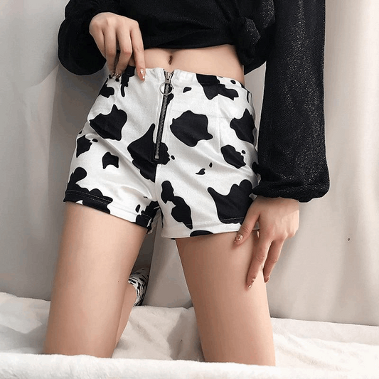 Cow Printed Slim Zipper Shorts - White