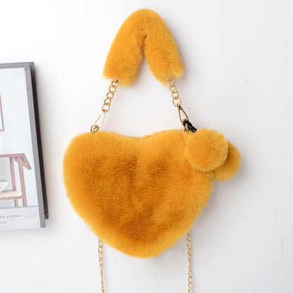 Soft Plush Heart Shaped Handbag with Two Fluffy Pom-Poms - Orange