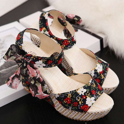 Floral Wedge Platform High Heels with Bow -