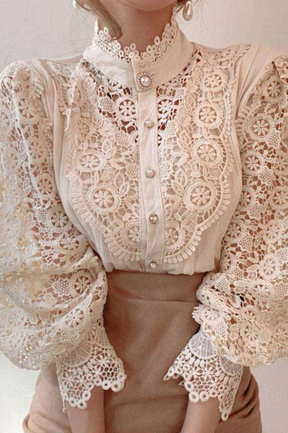 Women's Lace Stand-up Collar Long-Sleeved Blouse - Apricot