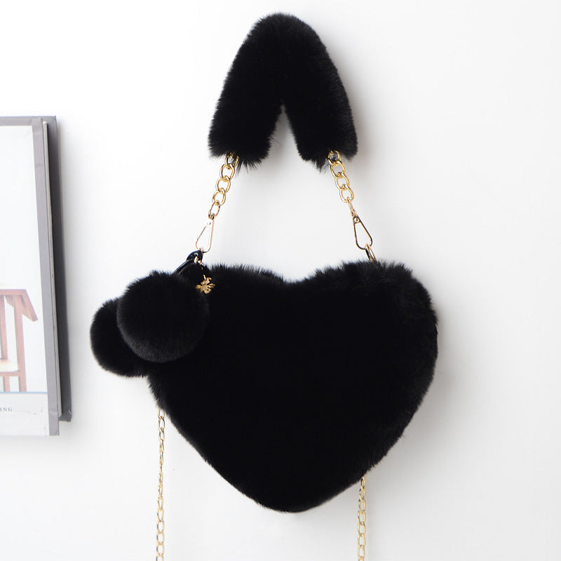 Soft Plush Heart Shaped Handbag with Two Fluffy Pom-Poms - Black
