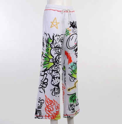 High Waist Wide Leg Sweat Pants with Graffiti Design