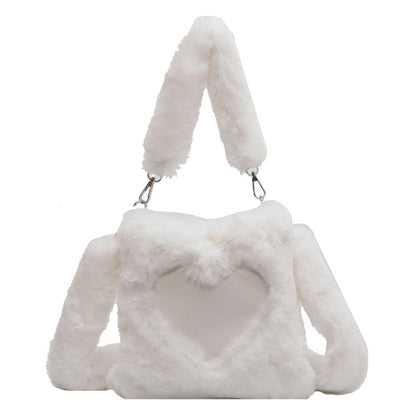Square Plush Shoulder Bag with Heart Design - White