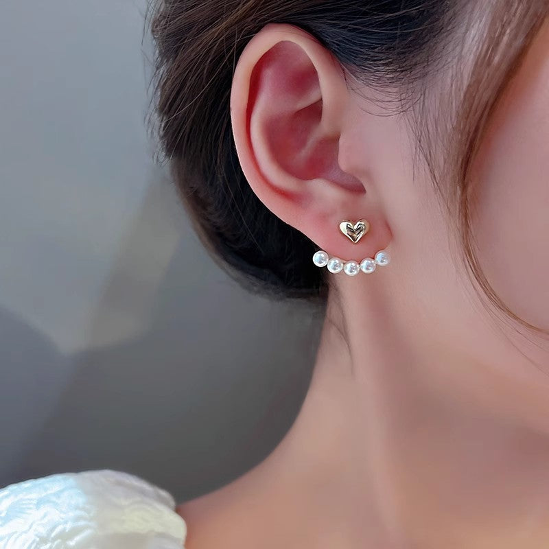 Small Silver Pearl Stud Heart Earrings -
