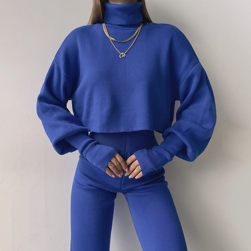 Loose Long Sleeved Turtleneck Crop Top with Fitted Long Pants Set - Blue