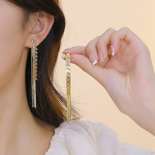 Long Leaf Tassel Earrings - Gold