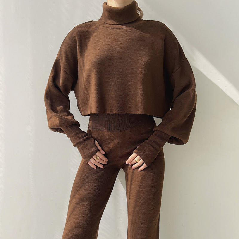 Loose Long Sleeved Turtleneck Crop Top with Fitted Long Pants Set - Brown