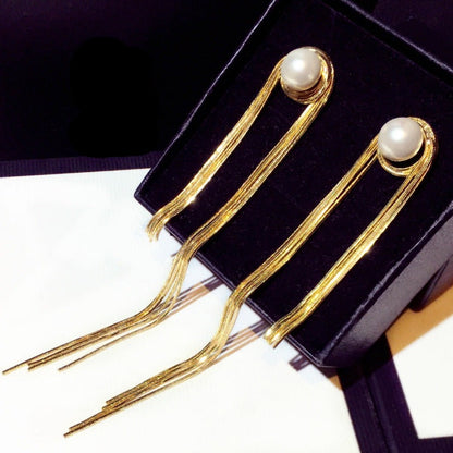 Tassel Pearl Earrings with Long Gold & Silver Tassel -