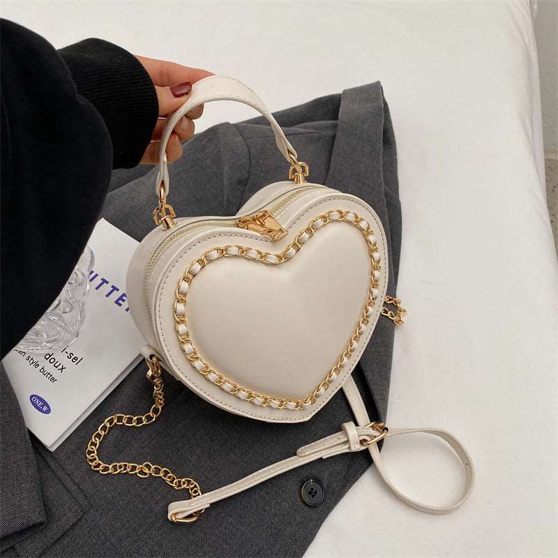 Large Capacity Heart Shaped Shoulder Bag with Chain - Beige