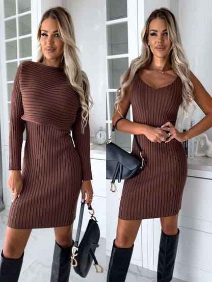 2pcs Long Sleeveless Dress with Cropped Sweater Cover - Dark Brown