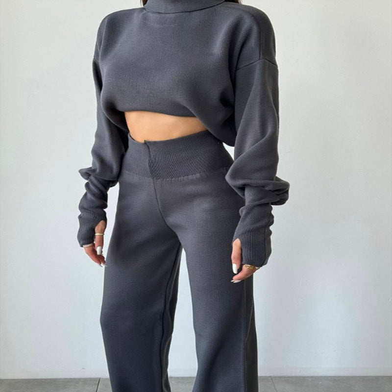 Loose Long Sleeved Turtleneck Crop Top with Fitted Long Pants Set - Grey
