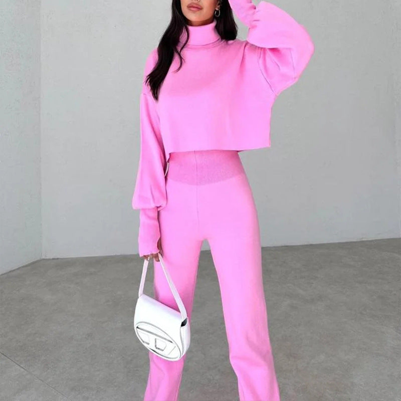 Loose Long Sleeved Turtleneck Crop Top with Fitted Long Pants Set - Pink
