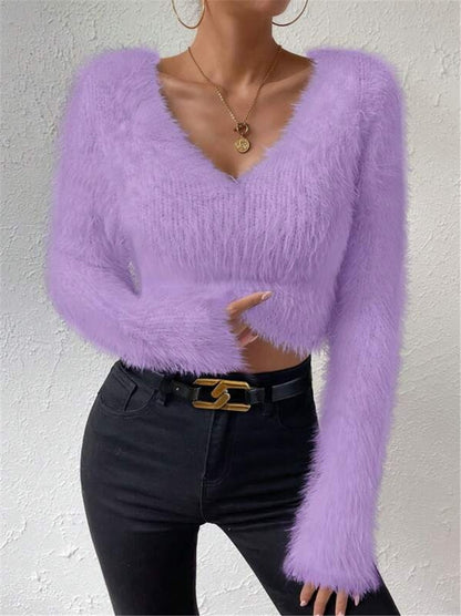 Slim Cropped V-Neck Plush Sweater - Purple