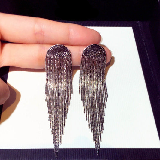 Long Layered Tassel Earrings - Silver