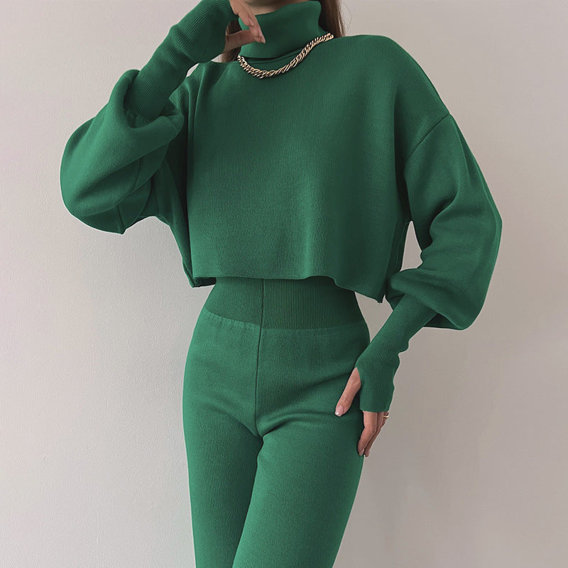 Loose Long Sleeved Turtleneck Crop Top with Fitted Long Pants Set - Green
