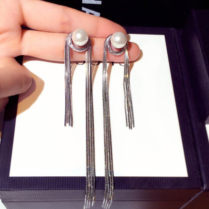 Tassel Pearl Earrings with Long Gold & Silver Tassel - Silver