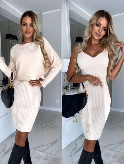 2pcs Long Sleeveless Dress with Cropped Sweater Cover - Beige