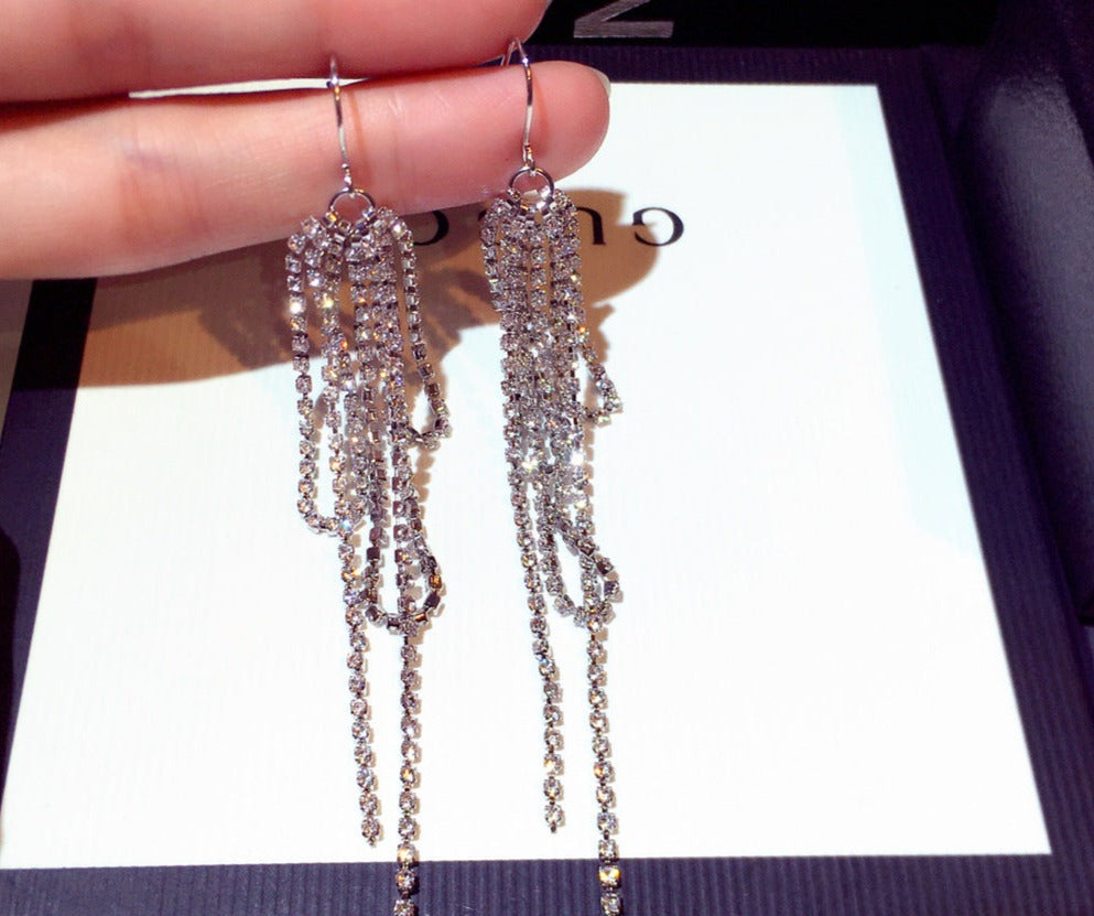Long Gold and Silver Diamond Tassel Earrings - Silver