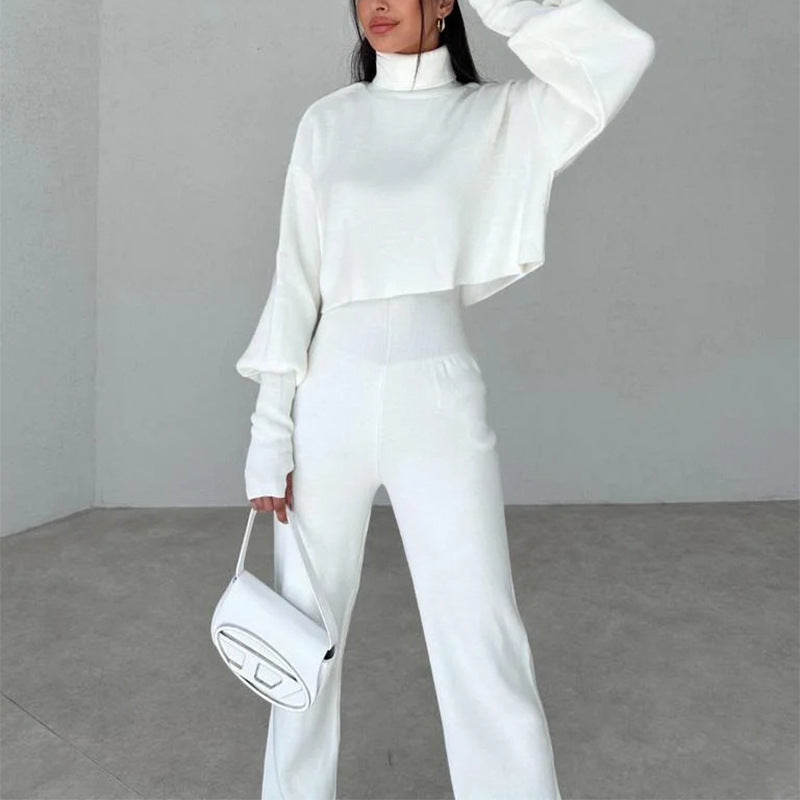 Loose Long Sleeved Turtleneck Crop Top with Fitted Long Pants Set - White