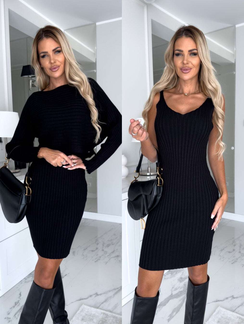 2pcs Long Sleeveless Dress with Cropped Sweater Cover - Black