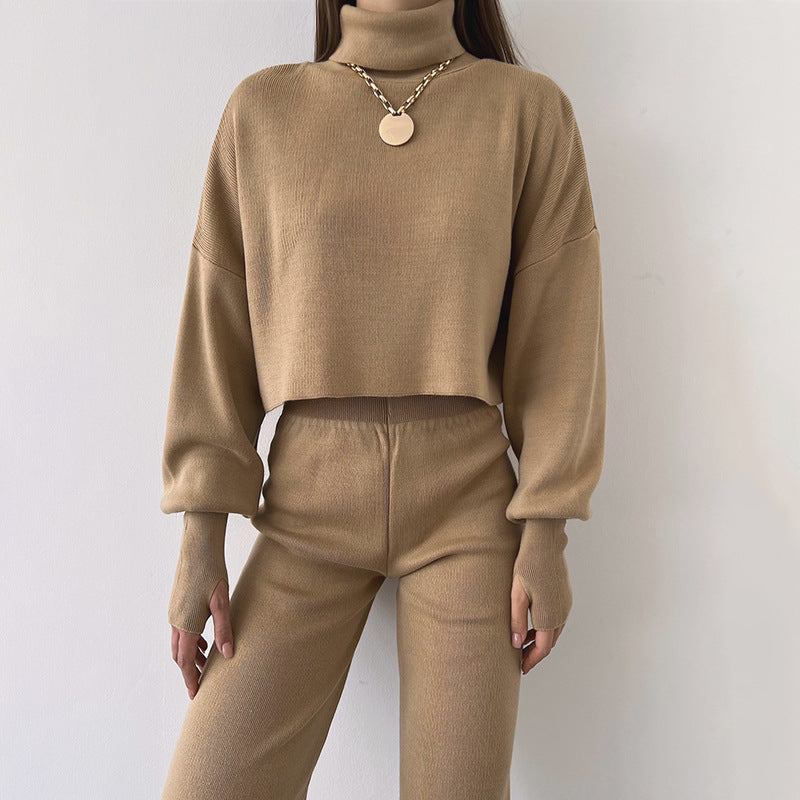 Loose Long Sleeved Turtleneck Crop Top with Fitted Long Pants Set - Khaki