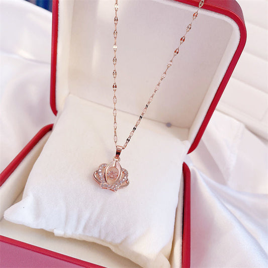 Clavicle Chain Necklace With Crown Pendant - Pink Crown