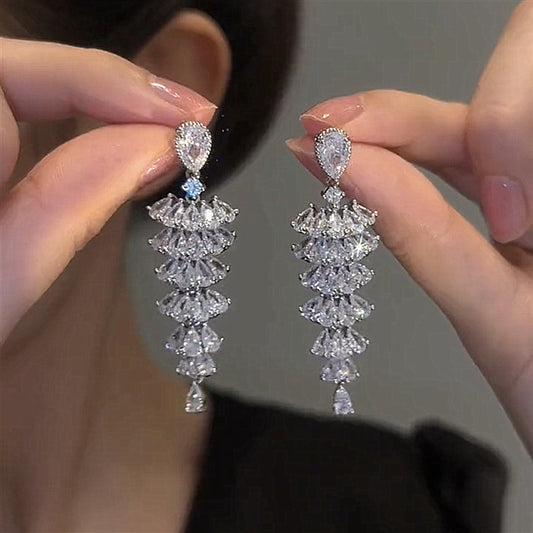 Silver Sparkling Layered Zircon Earrings