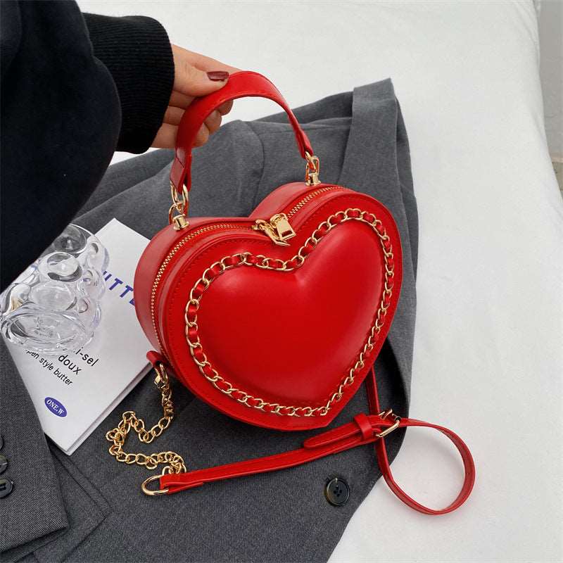 Large Capacity Heart Shaped Shoulder Bag with Chain - Red