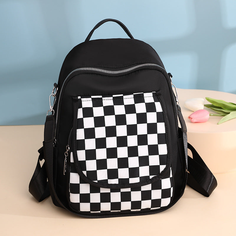 Lightweight Nylon Checker Patterned Backpack - Black