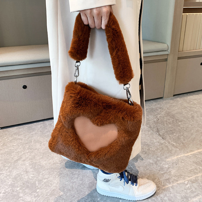Square Plush Shoulder Bag with Heart Design -
