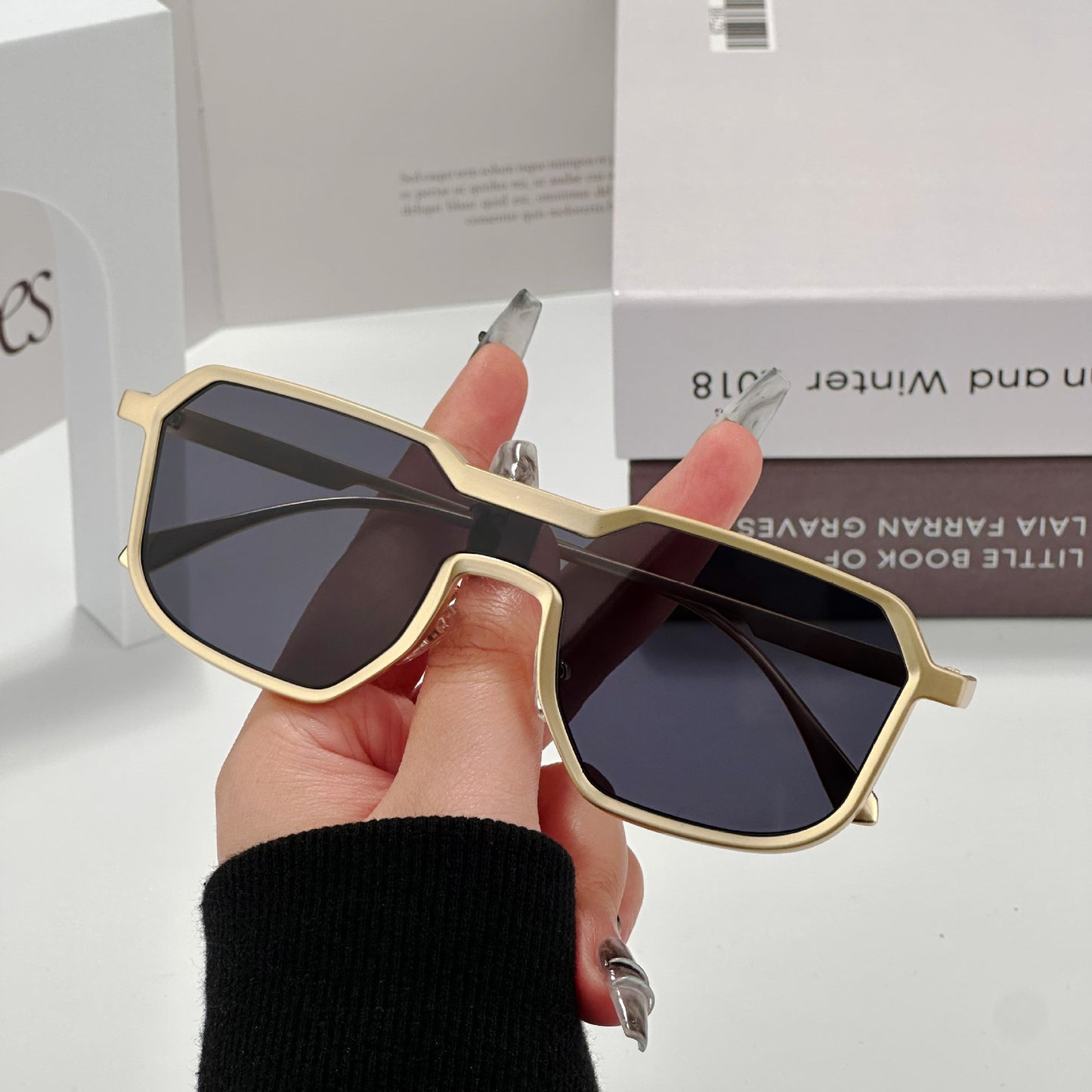 Thick Framed Shield Sunglasses - Gold with Grey Lenses