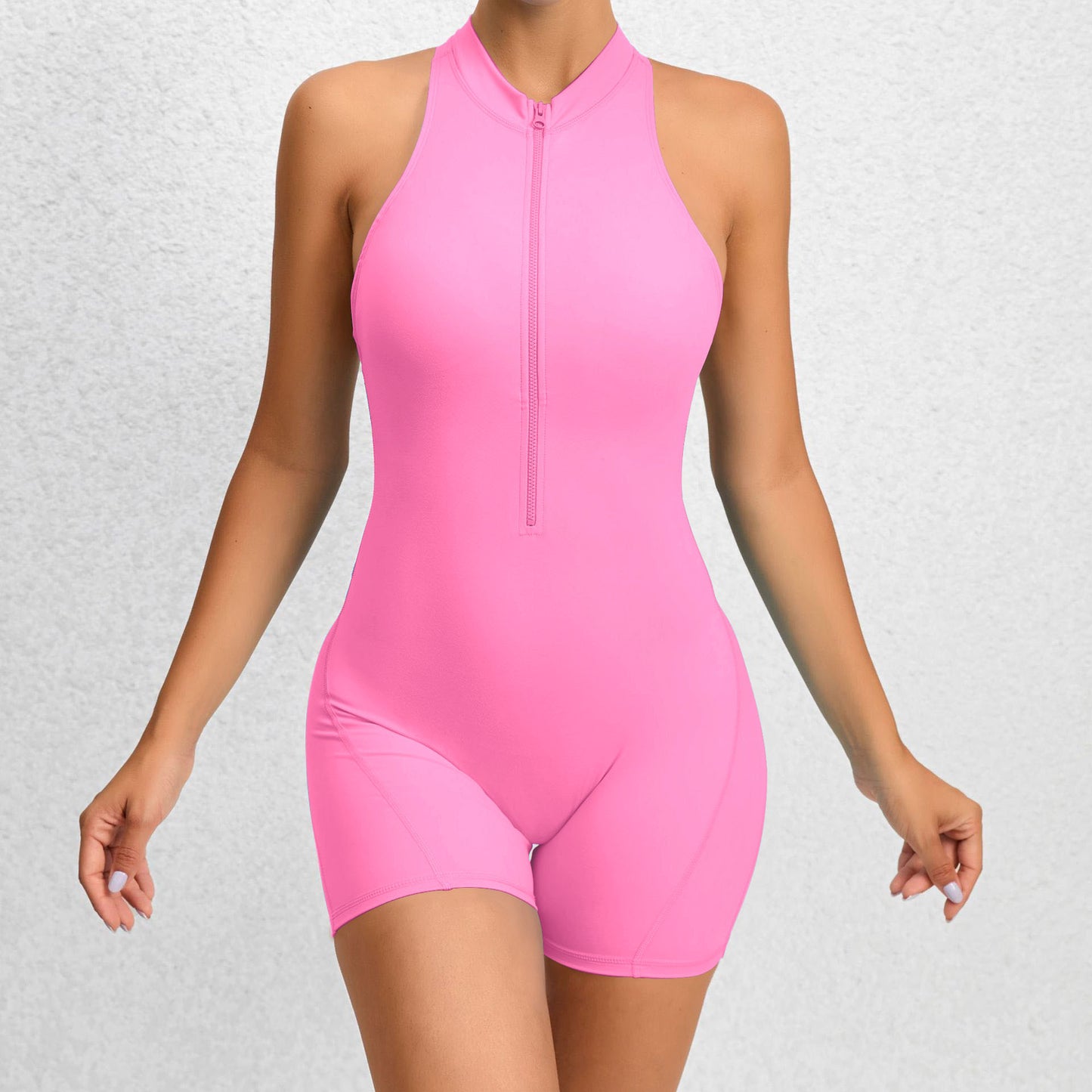 High-Impact Sleeveless Workout Romper with Zipper - Pink