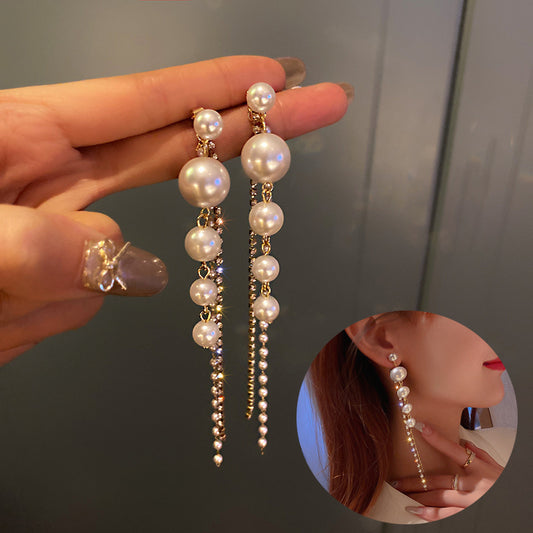 Long Gold Pearl Earrings -