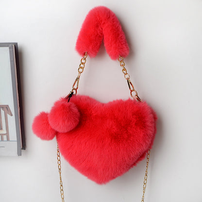 Soft Plush Heart Shaped Handbag with Two Fluffy Pom-Poms - Watermelon