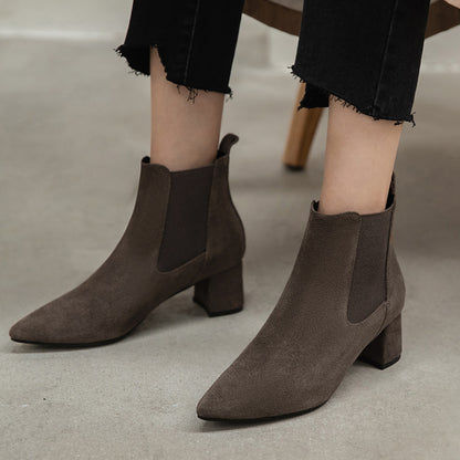 Women’s Short Leather Boots with Thick Heel - Brown Single Lane