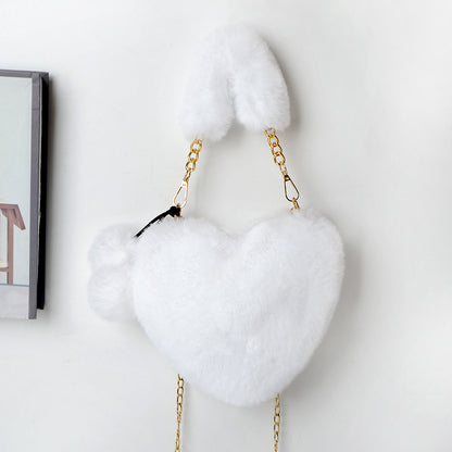 Soft Plush Heart Shaped Handbag with Two Fluffy Pom-Poms - White