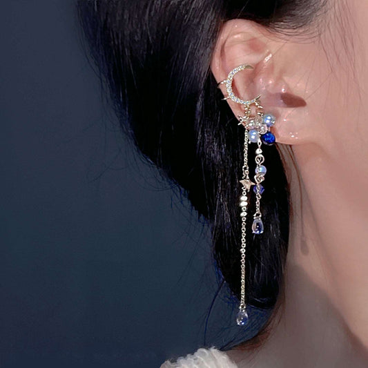 Crescent Moon Ear Clip with Blue Beaded Chain -